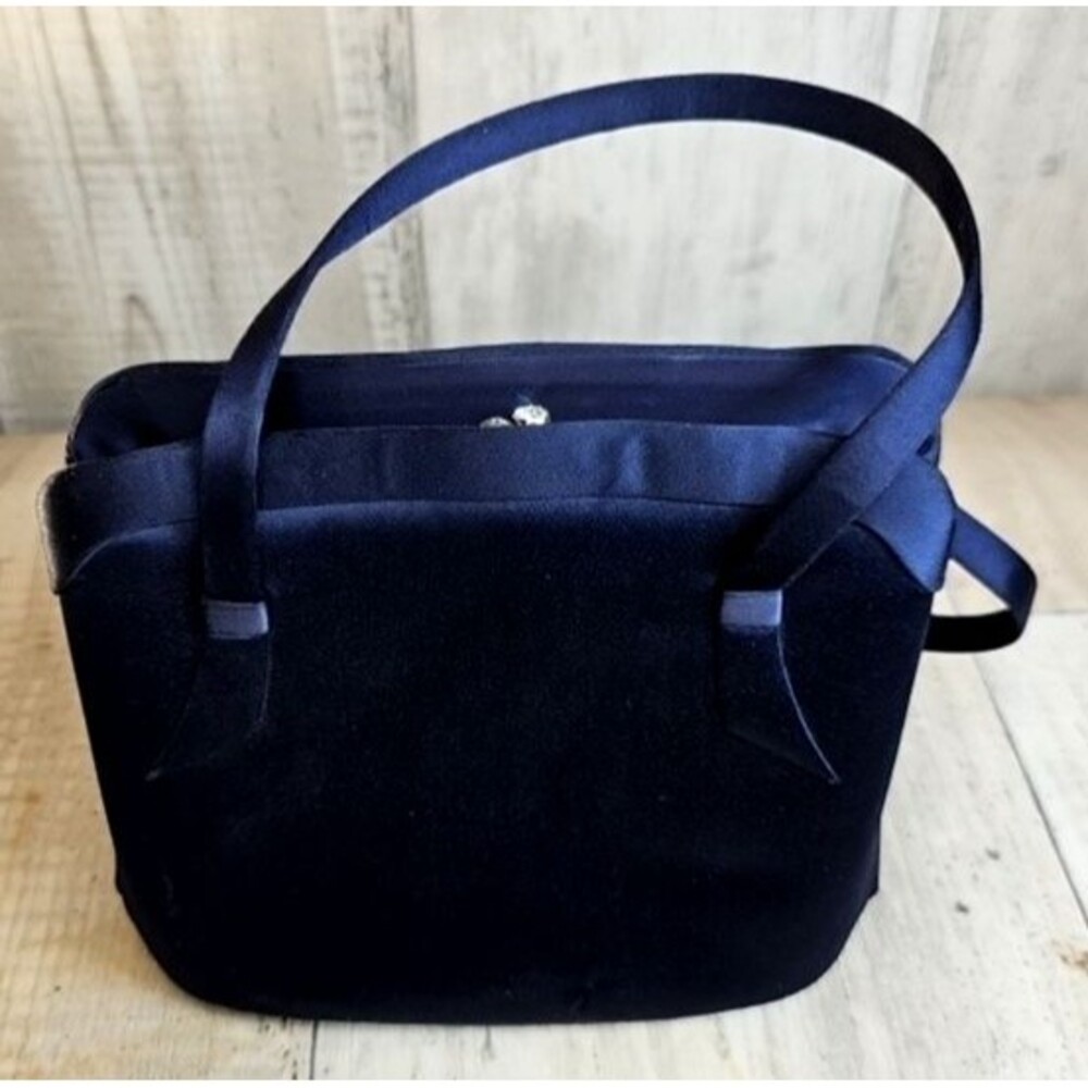 Vintage Saks Fifth Avenue Navy Satin Handbag Rhinestone Clasp Made Spain